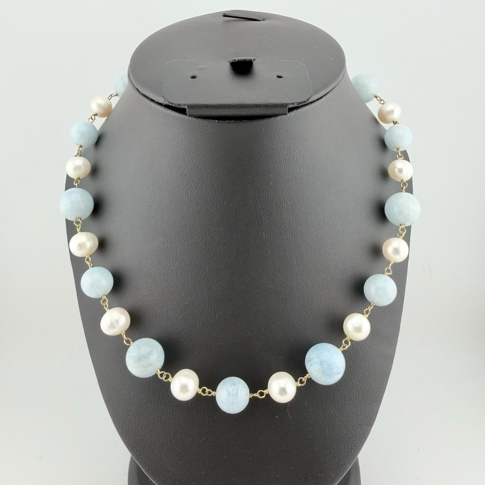 GSJ Blue White Pearl Beaded Toggle Necklace 925 Silver Gold Tone